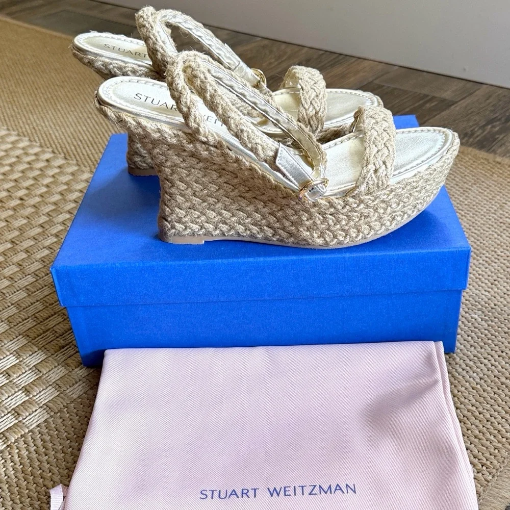 Stuart Weitzman Women’s Brada Strap Gold/Natural Espadrille Wedge Sandals—9.5